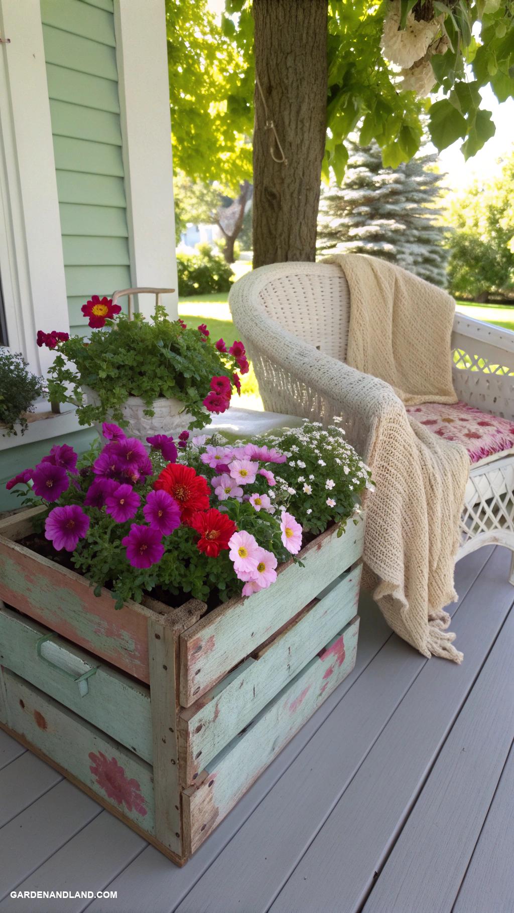 porch planter ideas Painted fruit crates filled with blooms