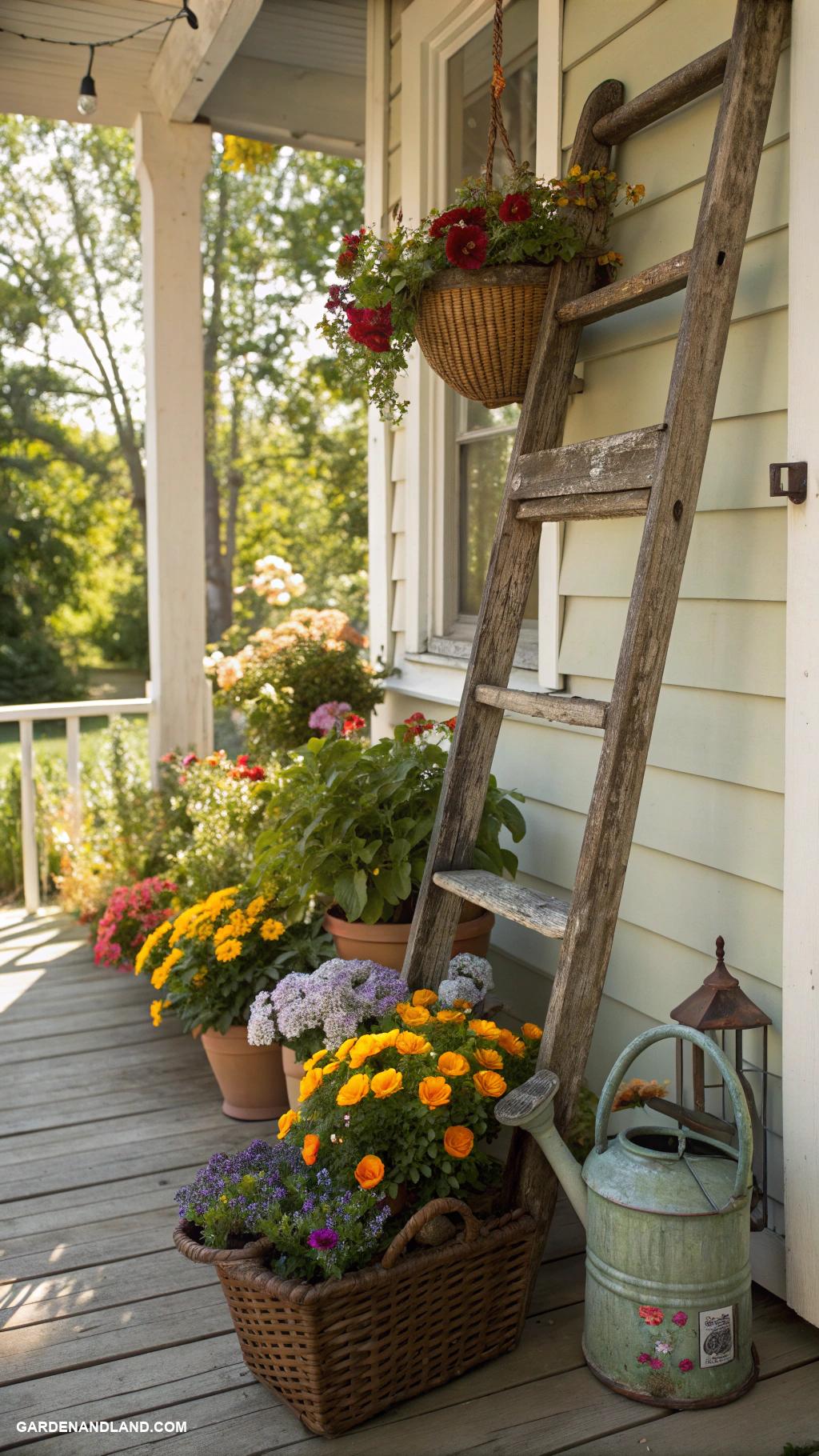 porch planter ideas Rustic ladder with potted flowers