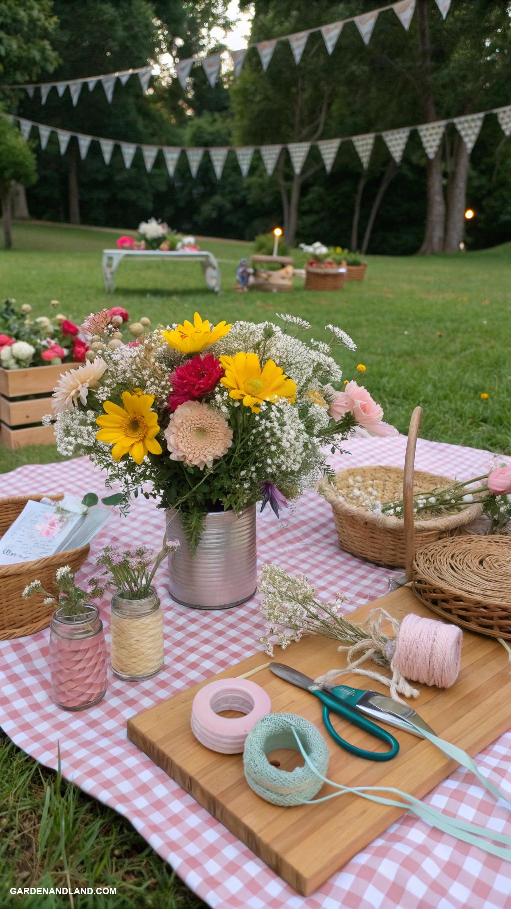 retro picnic party Flower crown making station for guests