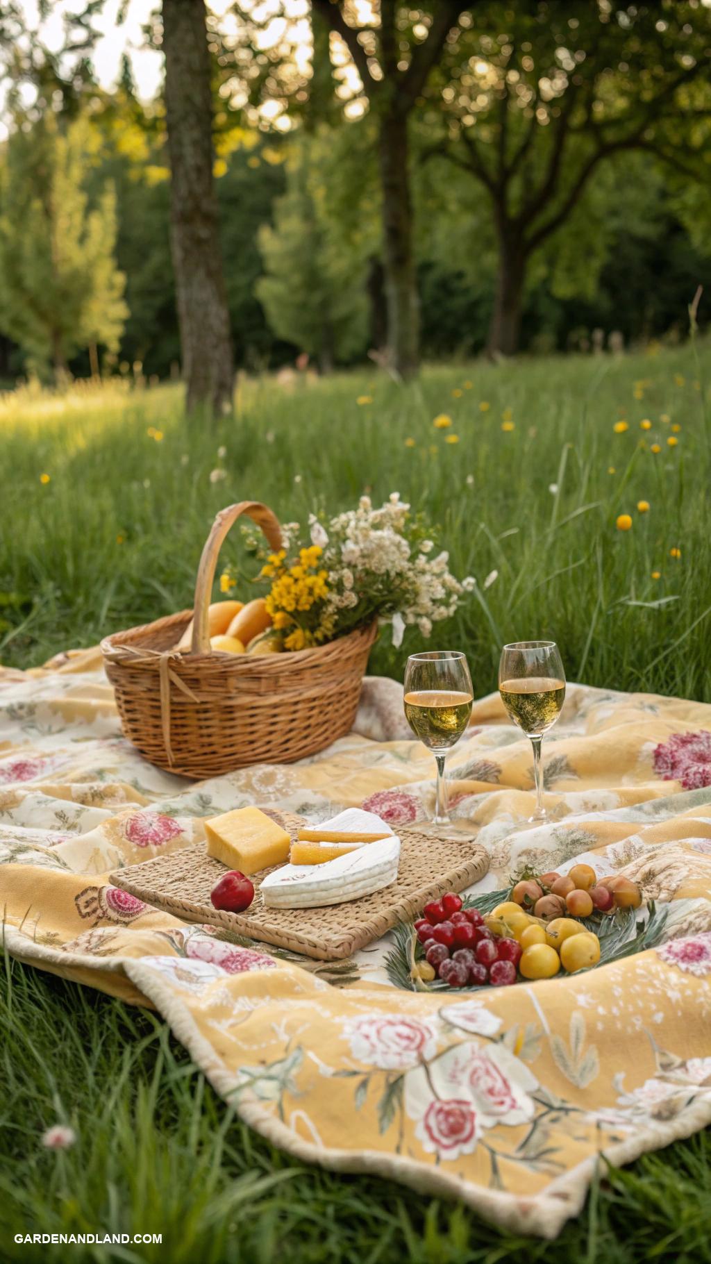 retro picnic party Vintage blanket and wicker basket setup