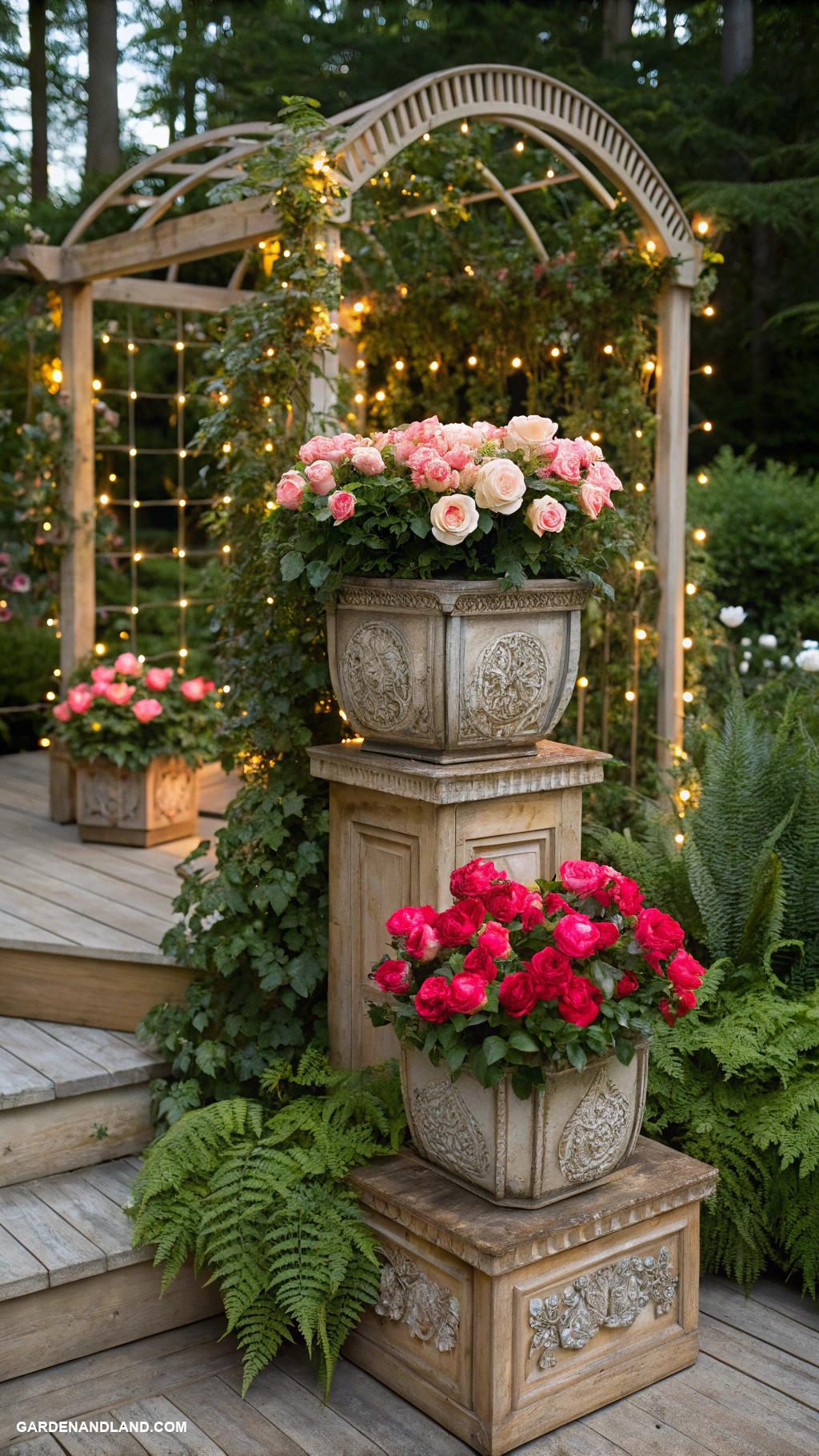 rose garden ideas Container roses on tiered platforms