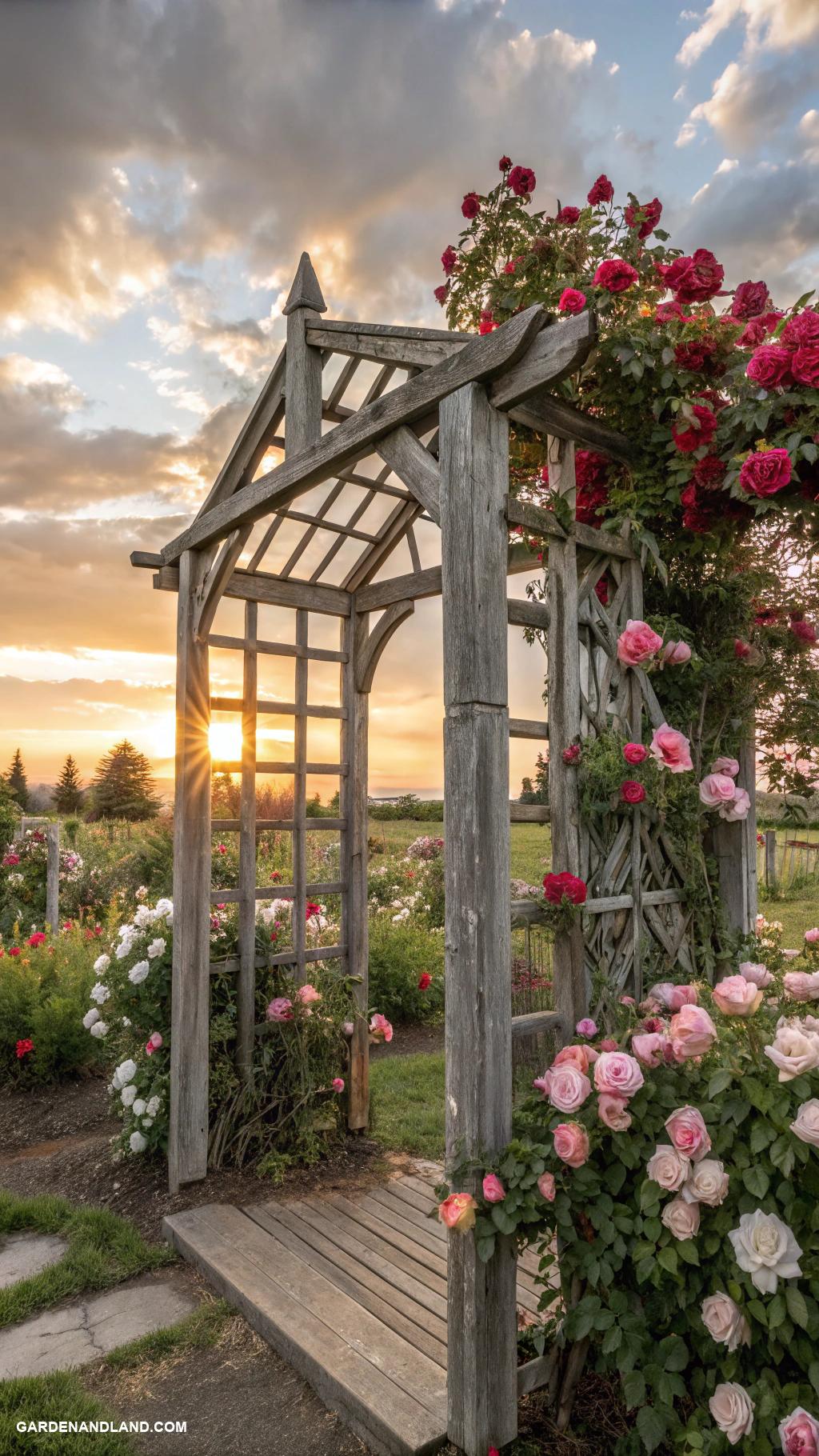 rose garden ideas Rustic wooden rose trellises