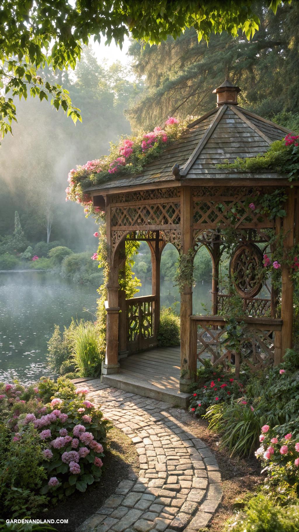 secret garden Mysterious cedar gazebo for quiet reflection