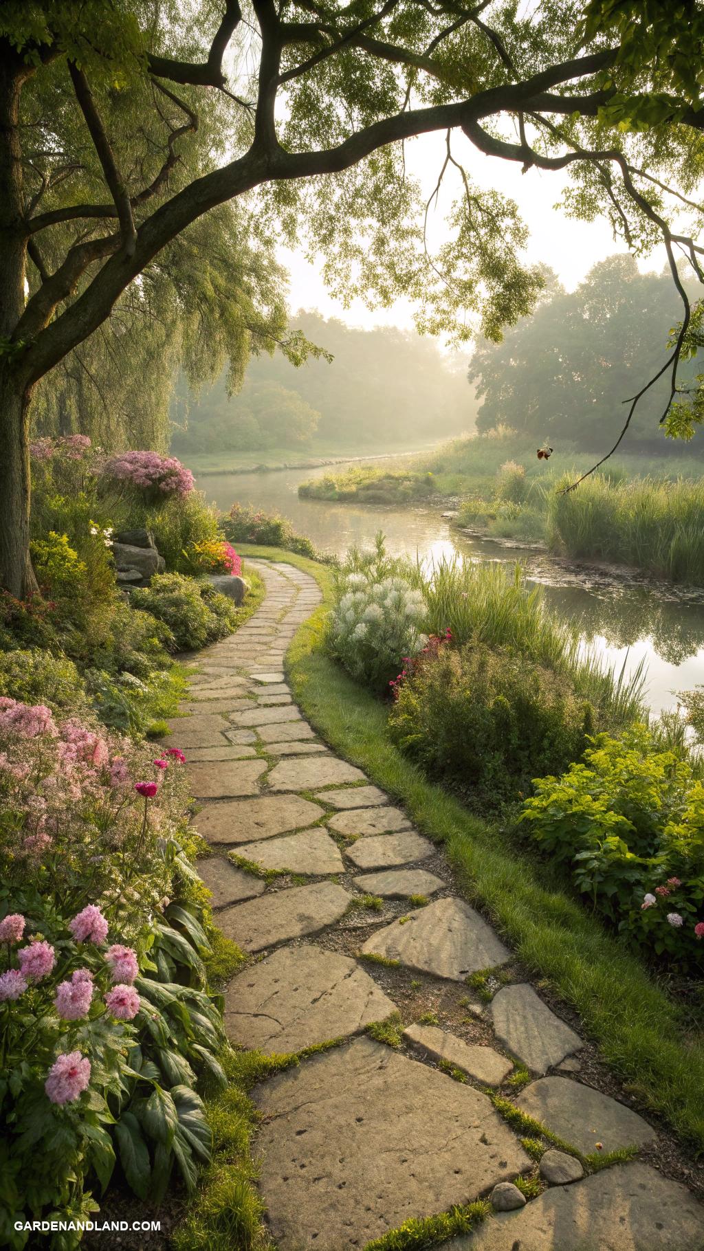 secret garden Rustic stone pathway leading to a pond