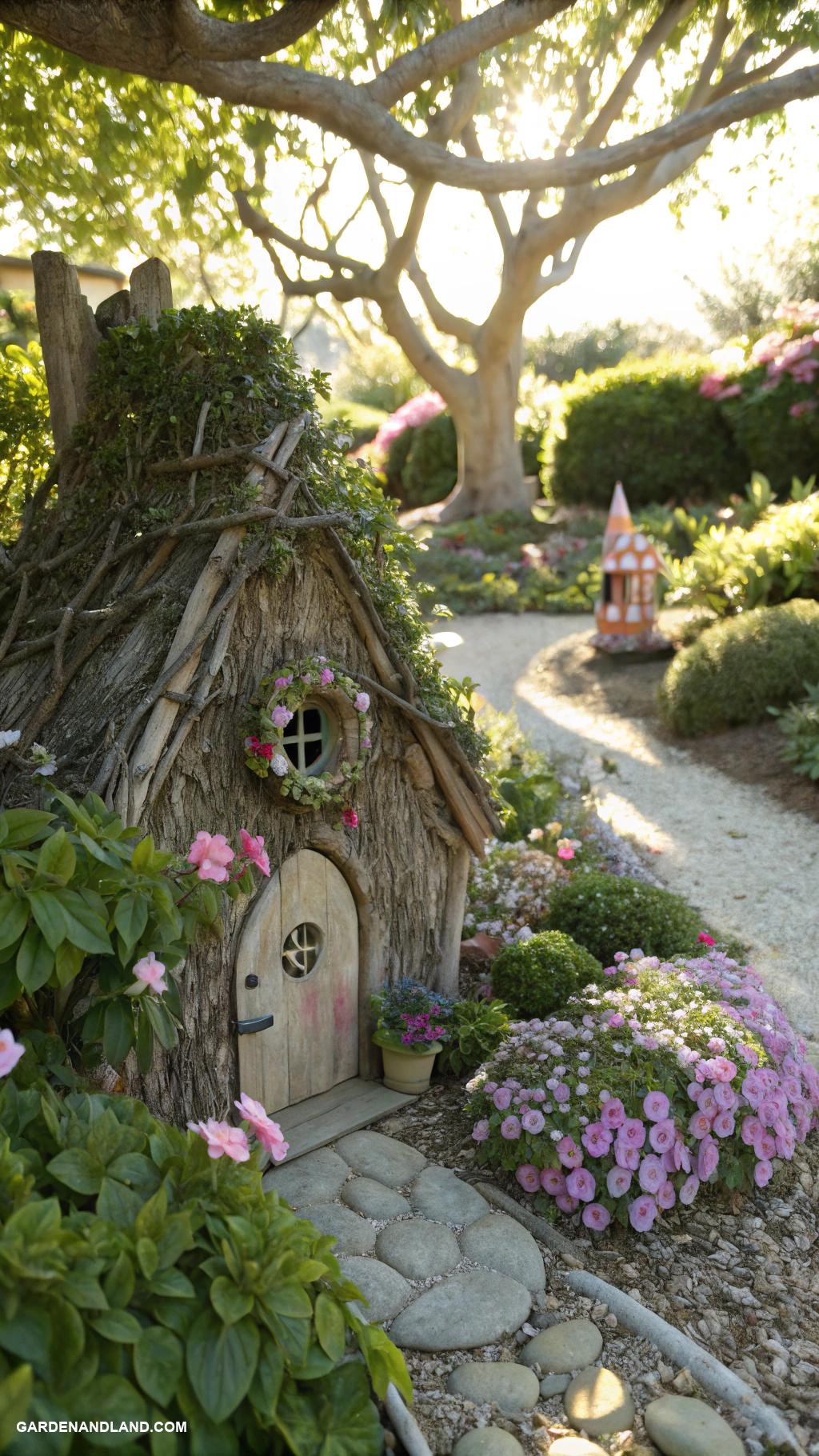 secret garden Whimsical fairy houses tucked in bushes