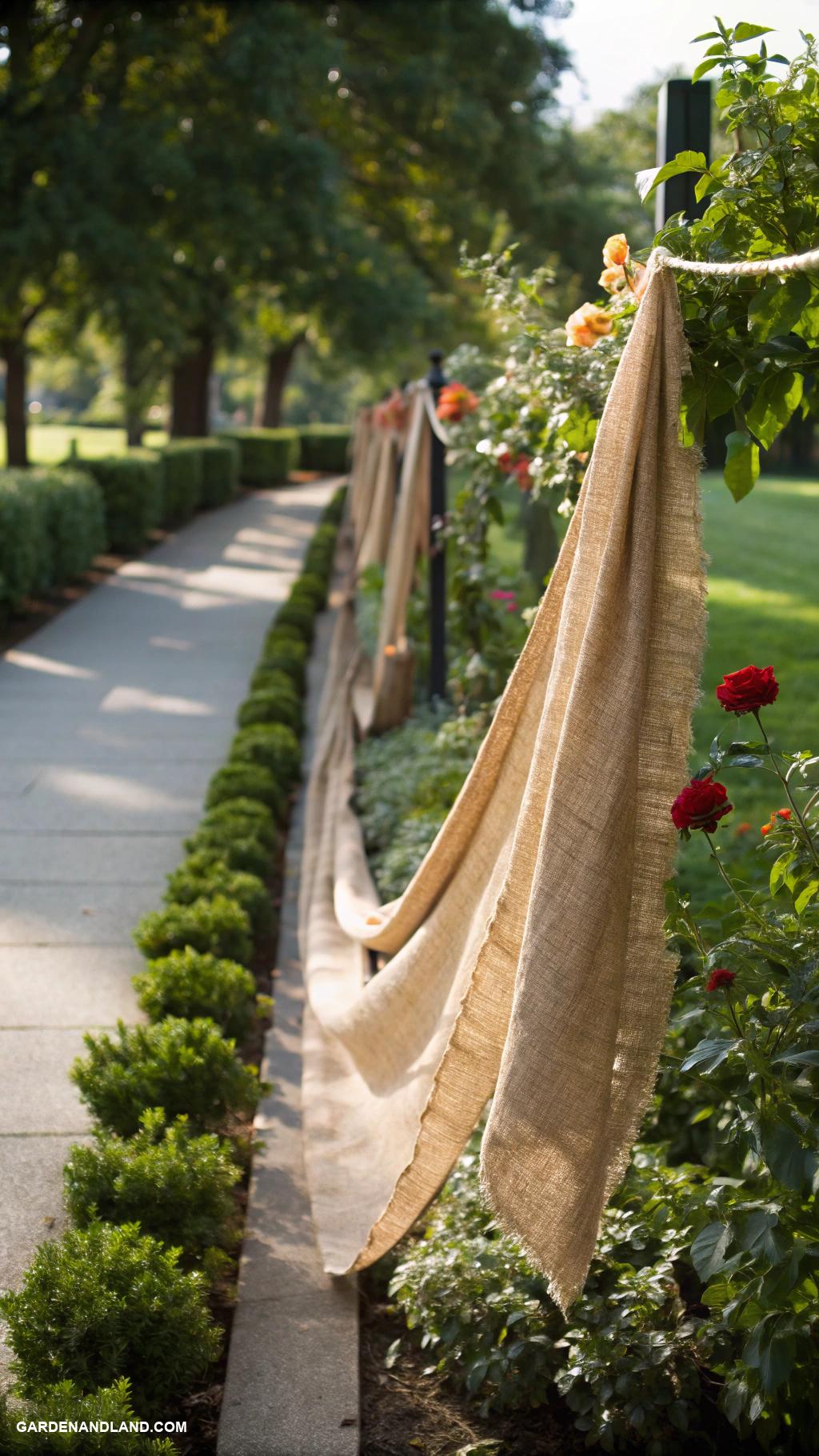 simple garden borders Hanging burlap fabric strips