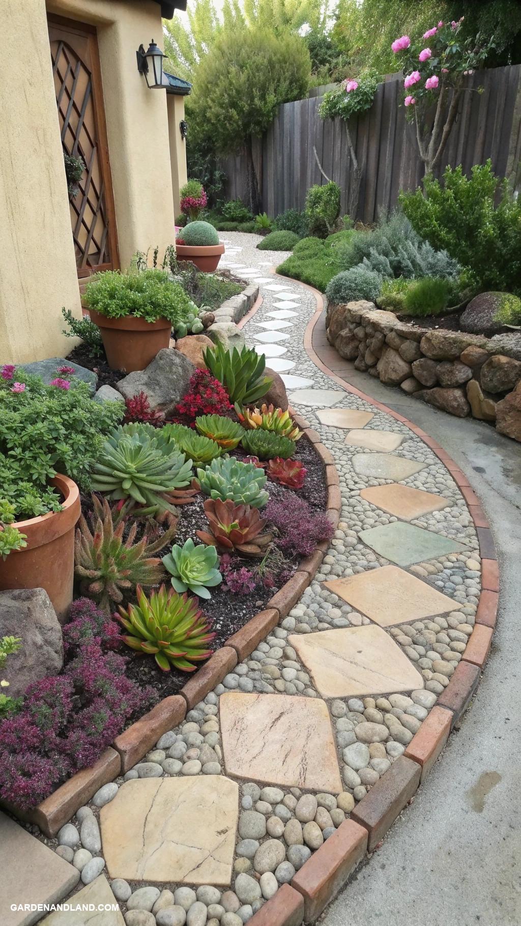 small backyard gardens A mosaic stone pathway with succulent patches