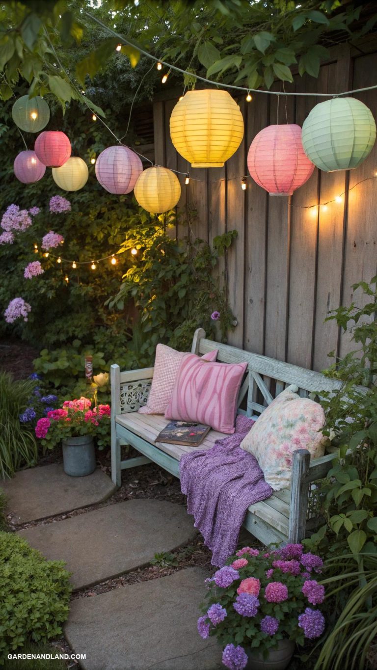 small backyard gardens Colorful lanterns illuminating a cozy seating area