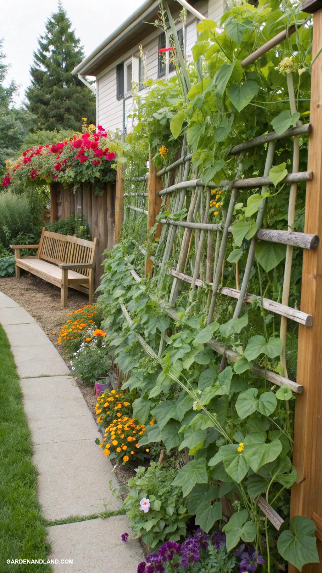 small backyard gardens Edible fence using climbing vegetable plants