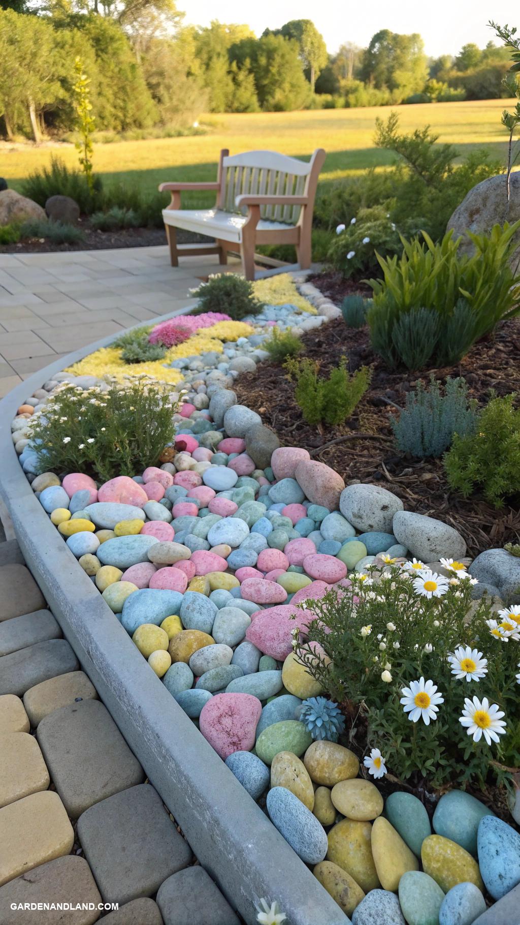 stone garden bed ideas Colorful pebbles for vibrant ground cover