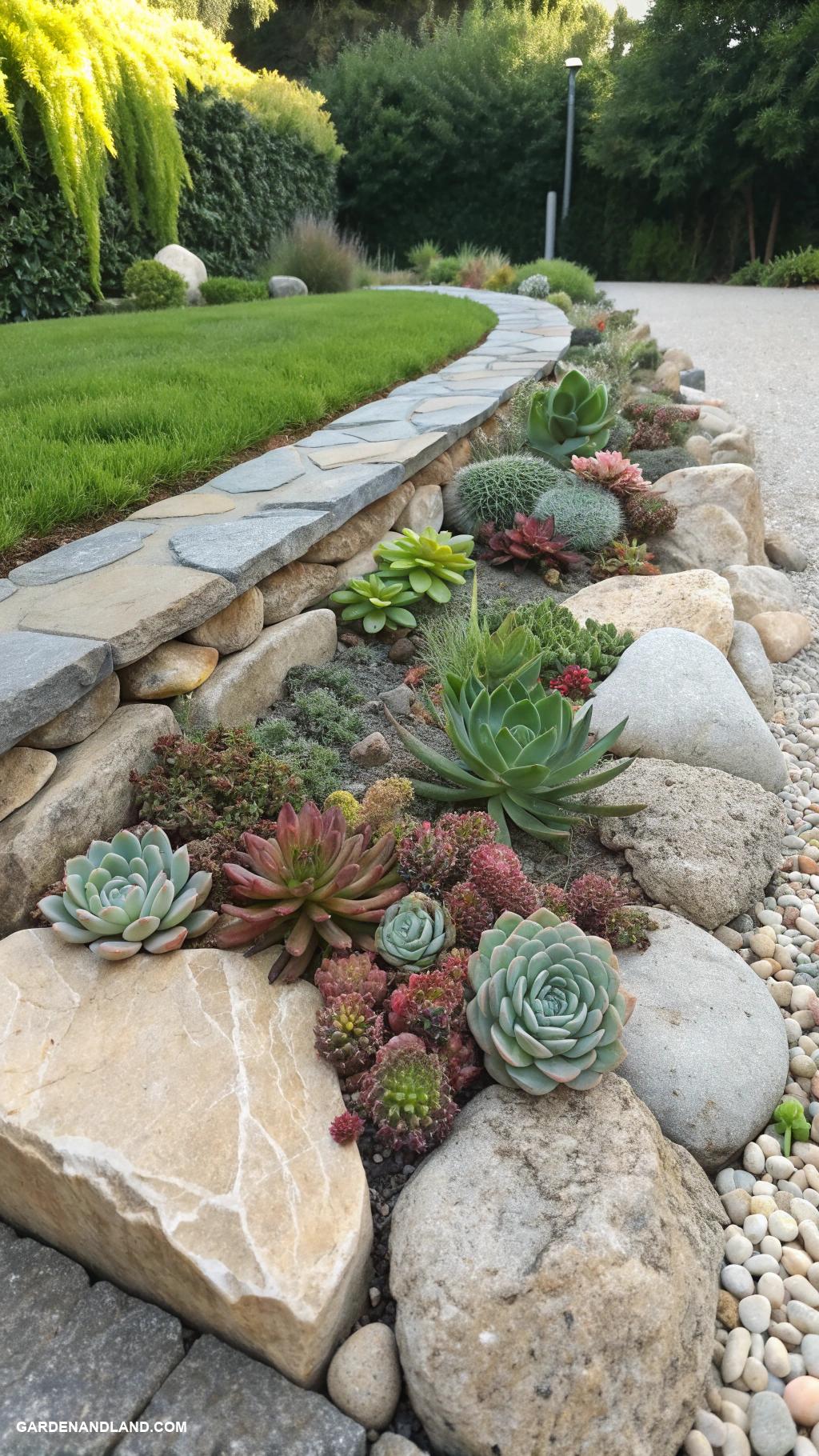 stone garden bed ideas Rock borders with succulents nestled inside