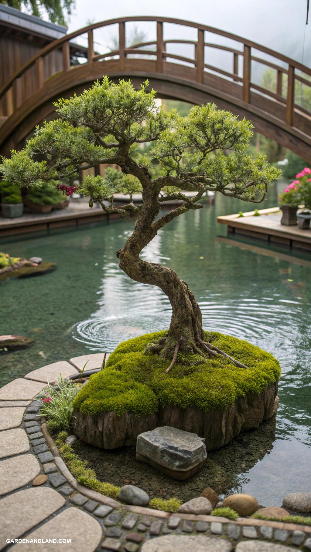 bonsai garden ideas Bonsai arranged in a water feature