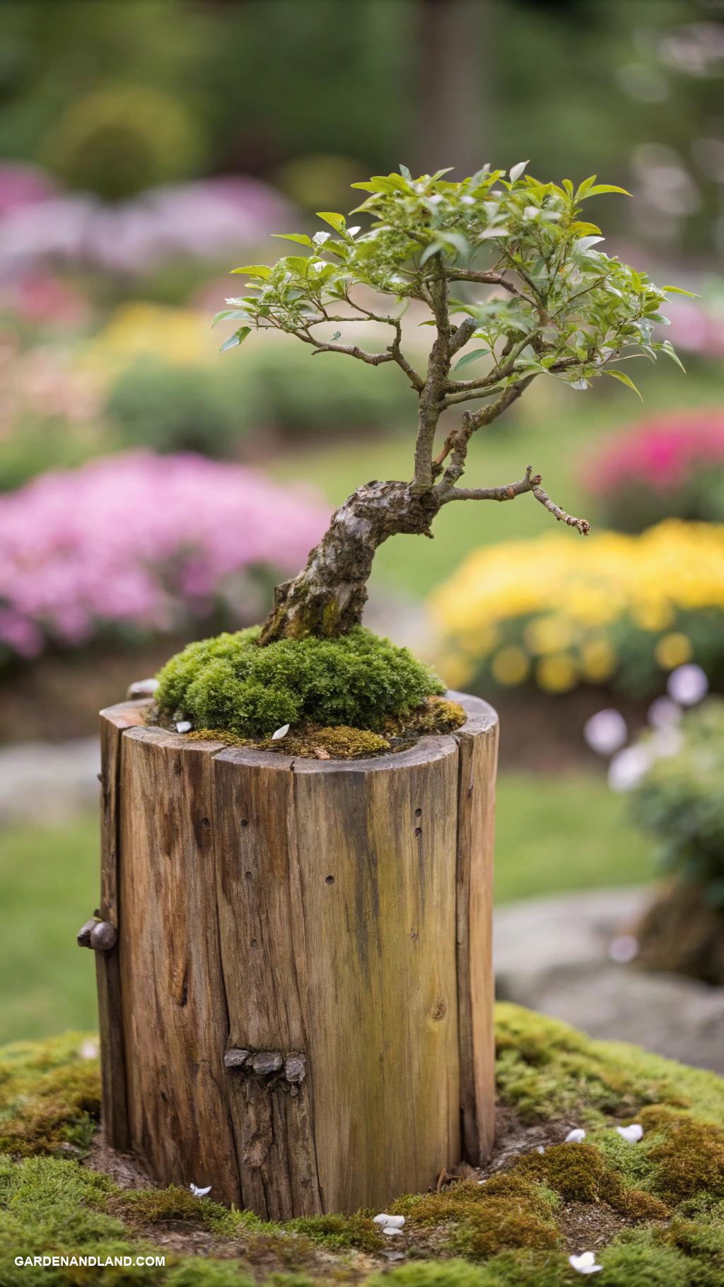bonsai garden ideas Bonsai atop a rustic wooden stump