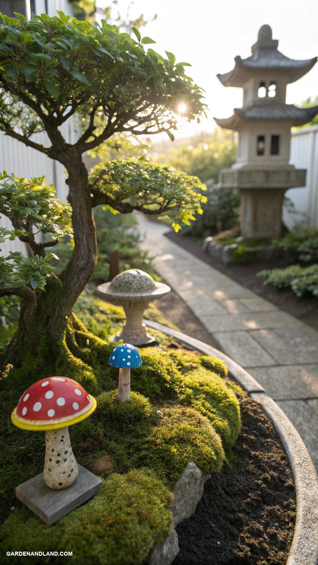 bonsai garden ideas Colorful mushroom accents around bonsai trees