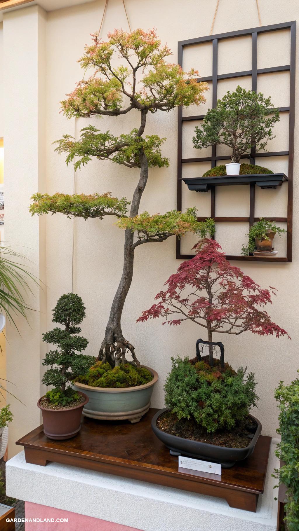 bonsai garden ideas Wall mounted bonsai display with varied species