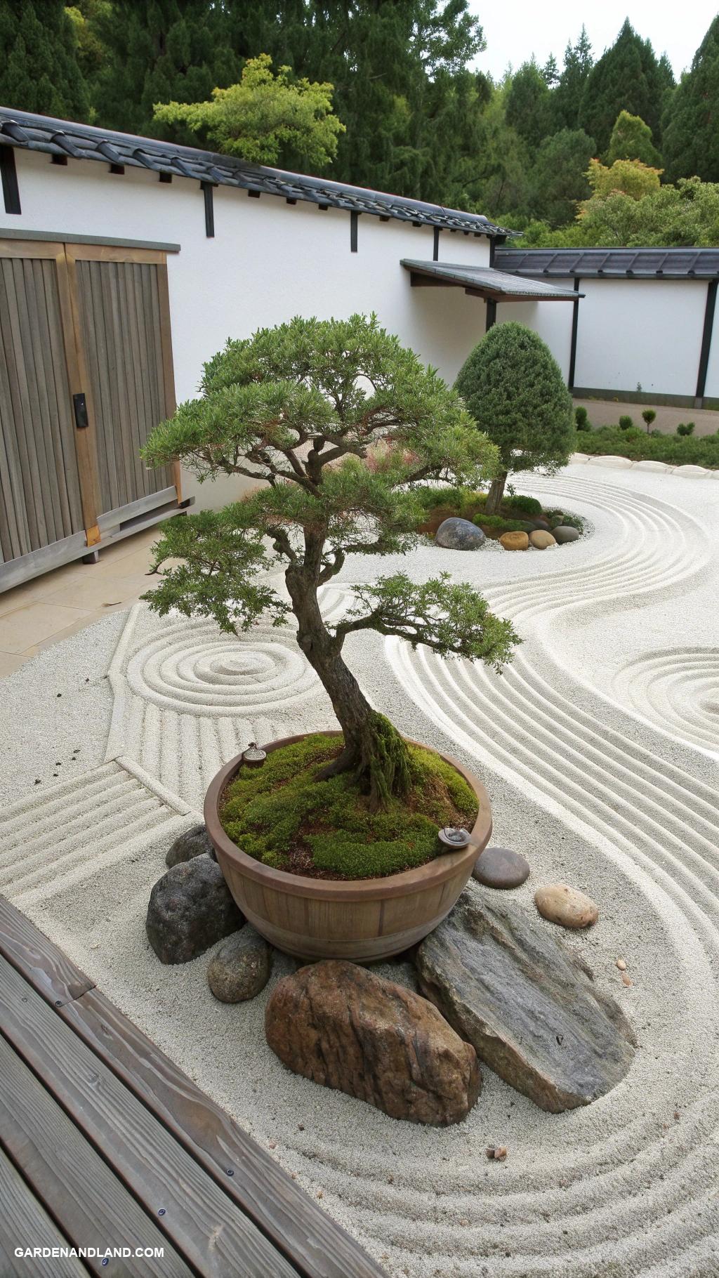 bonsai garden ideas Zen sand garden with bonsai centerpiece