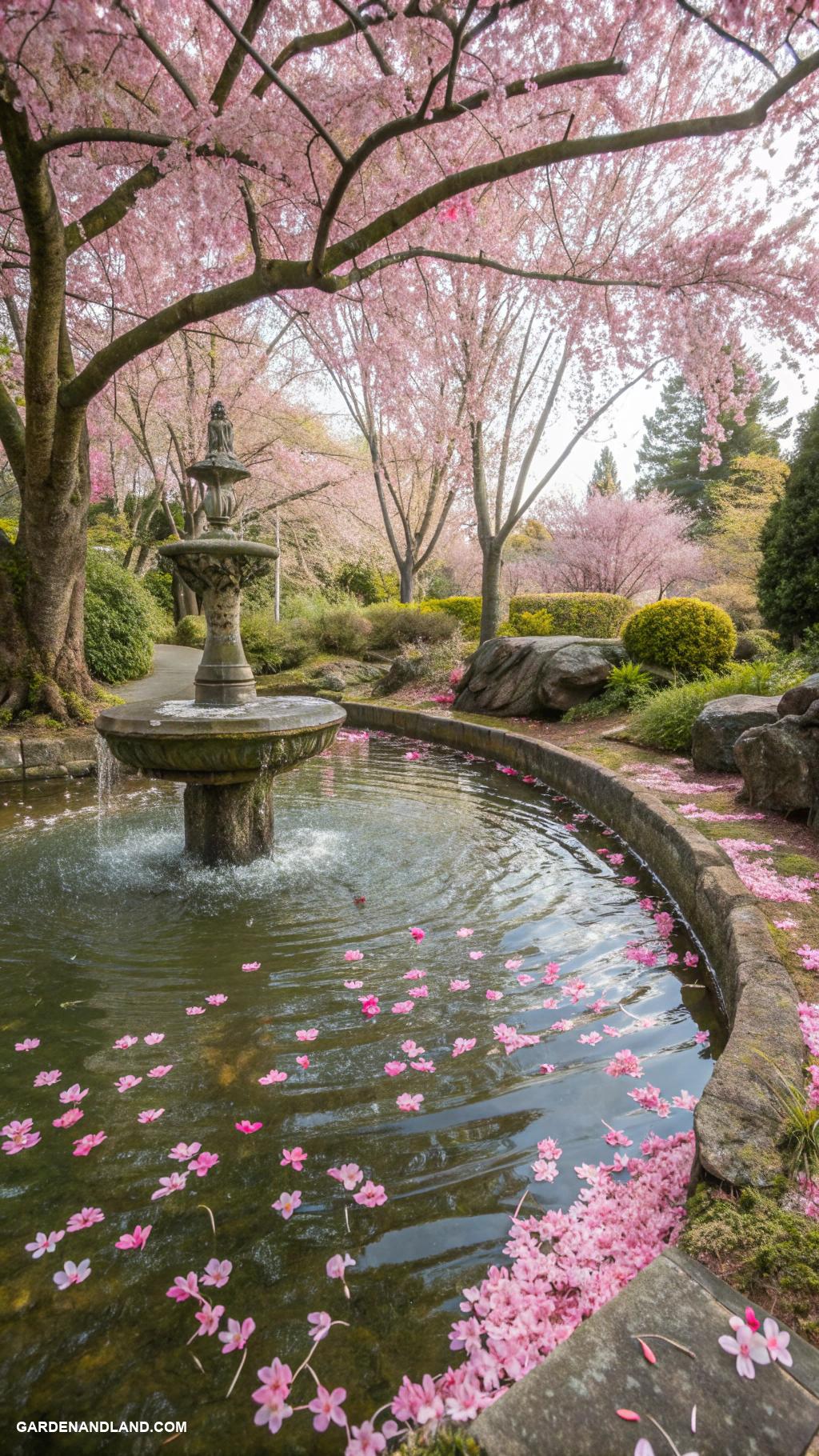 cherry blossom tree landscaping Incorporate cherry blossoms into a water feature