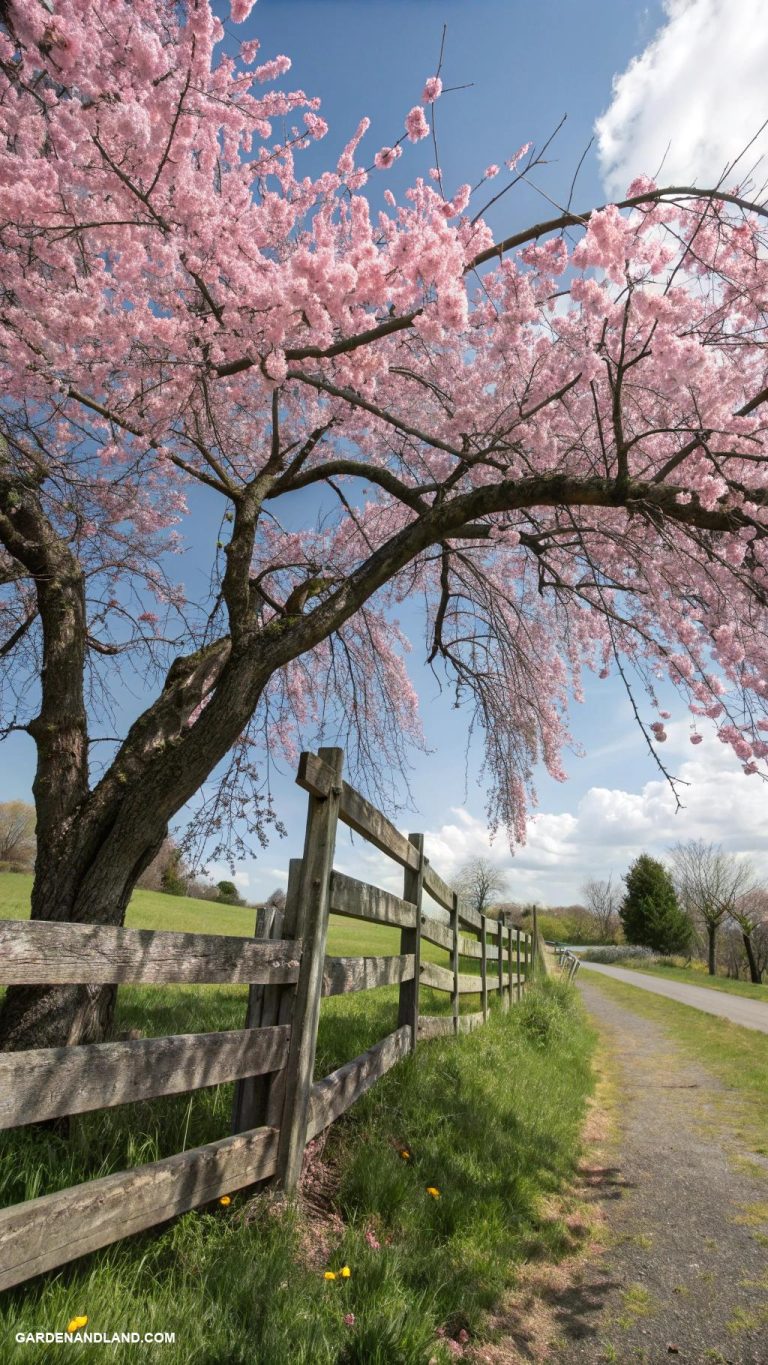 cherry blossom tree landscaping Plant cherry blossoms alongside a rustic fence