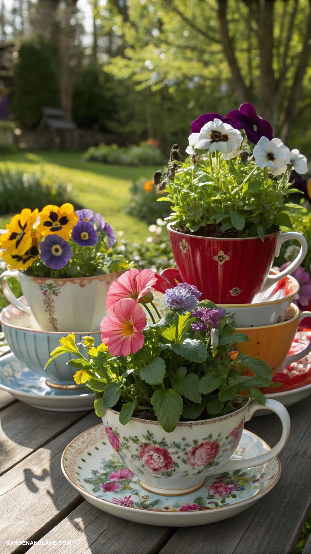 container flowers Colorful teacup gardens for whimsical appeal