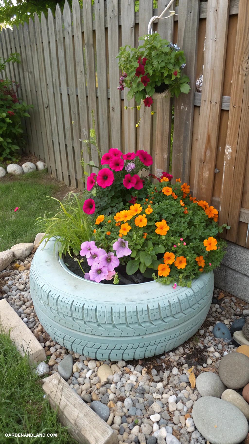container flowers Old tire planters for rustic charm