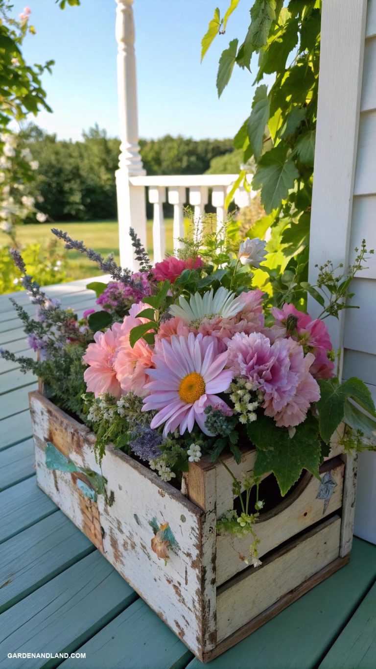 container flowers Vintage crates filled with blooming flowers