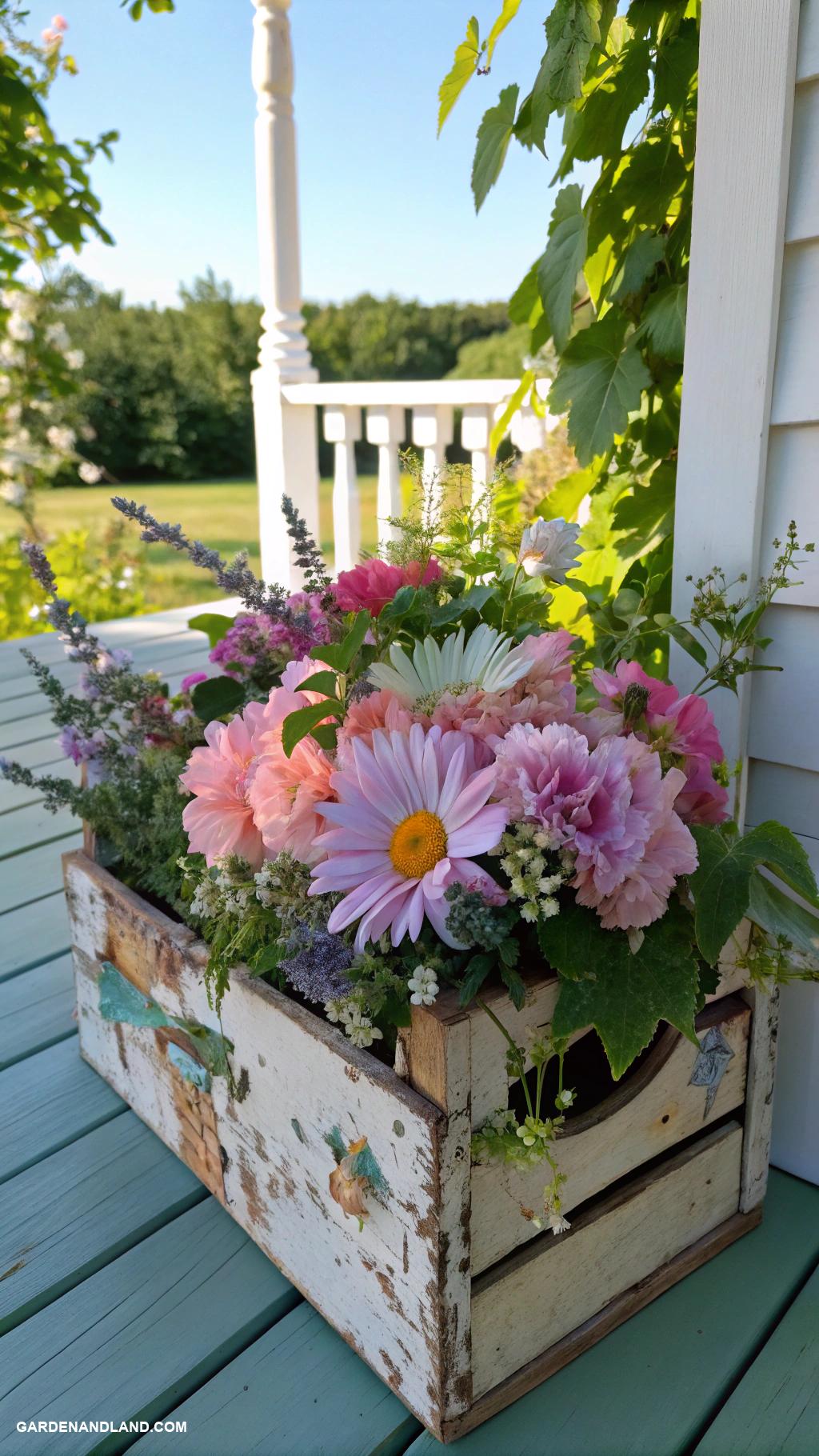 container flowers Vintage crates filled with blooming flowers
