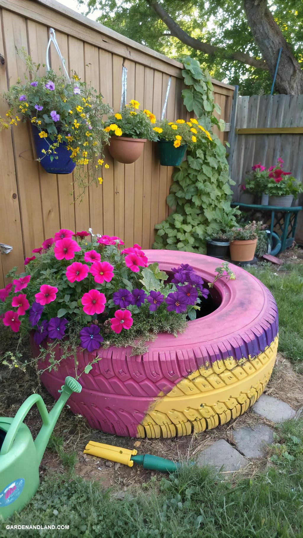 container gardening ideas Old tires painted for vibrant blooms
