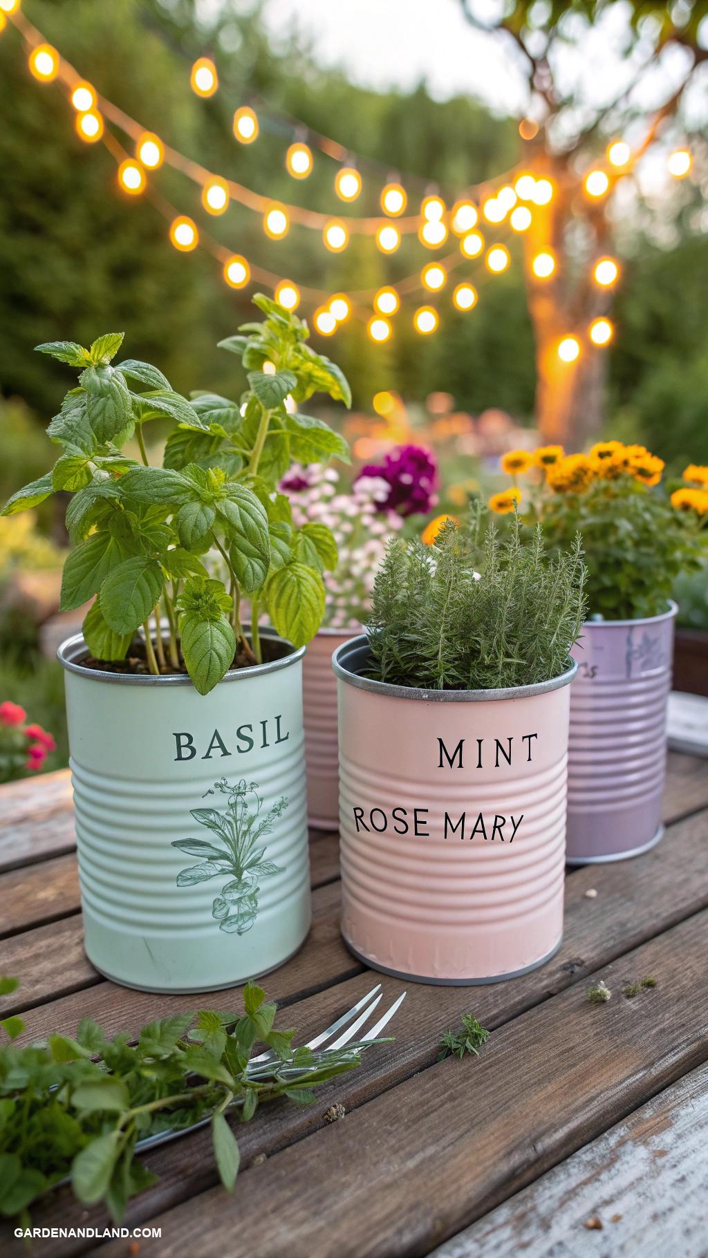 container gardening ideas Repurposed tin cans for herb garden