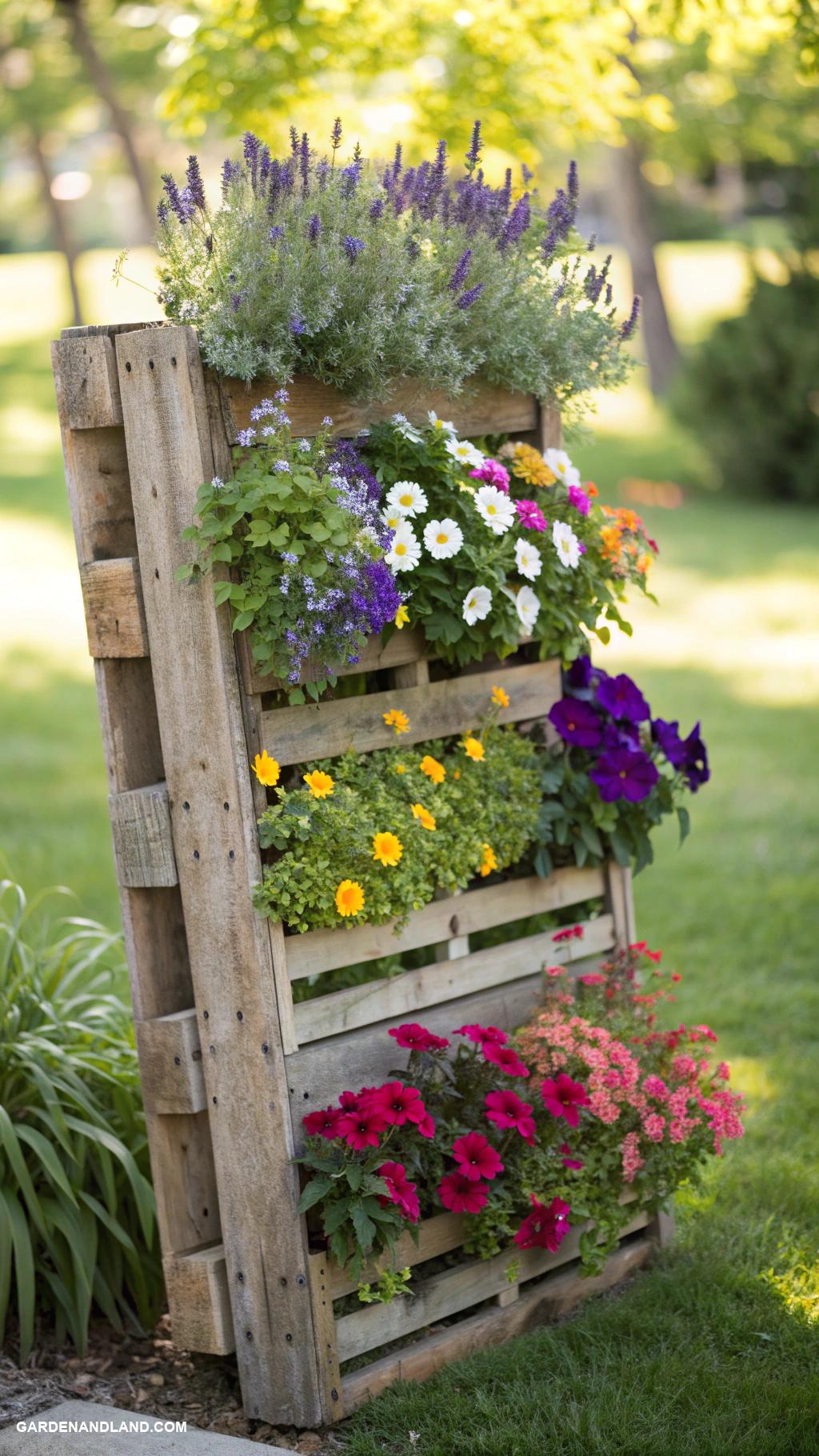 container gardening ideas Vertical pallets with colorful flowers