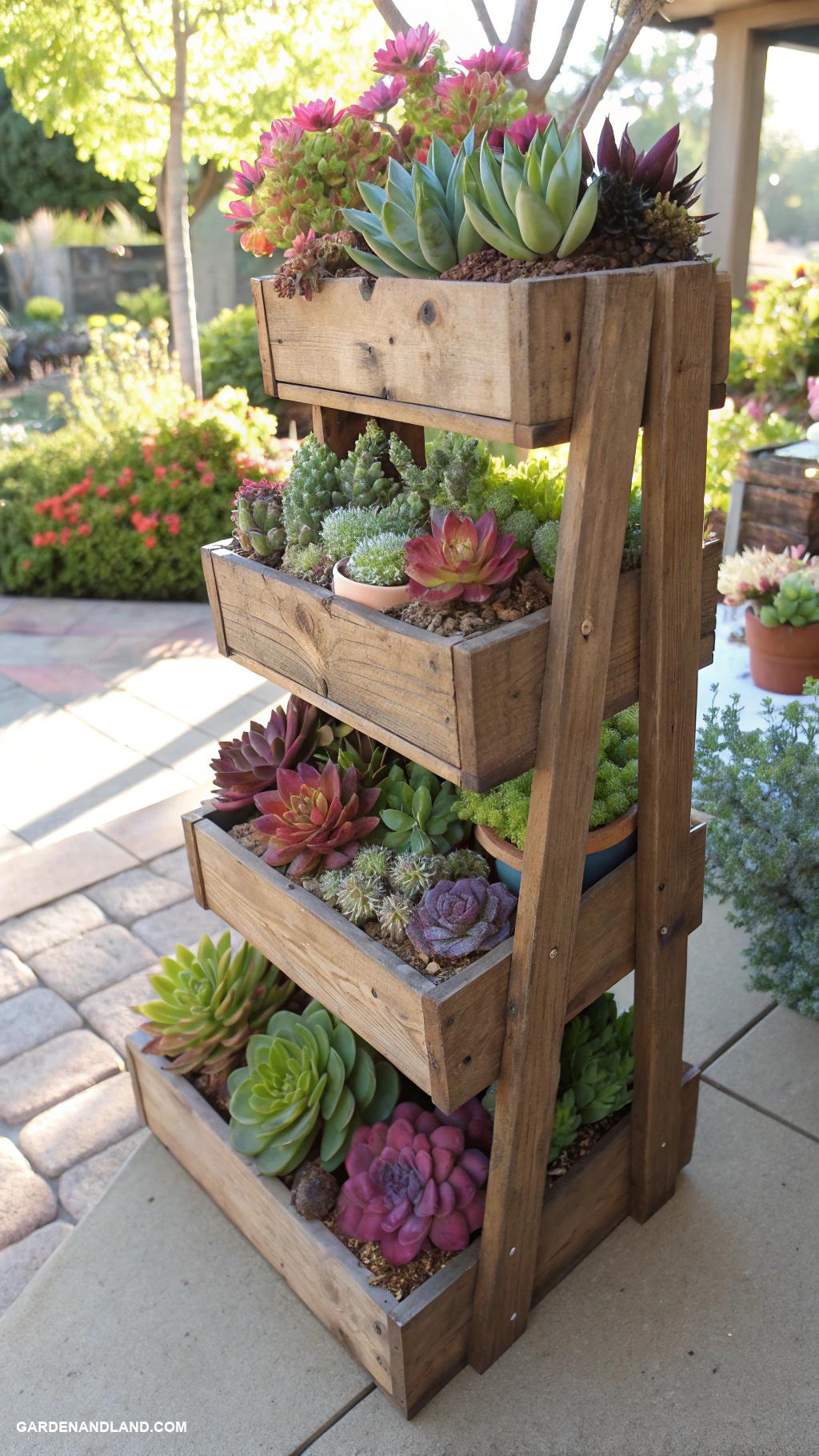 container gardening ideas Wooden crates for tiered succulent display