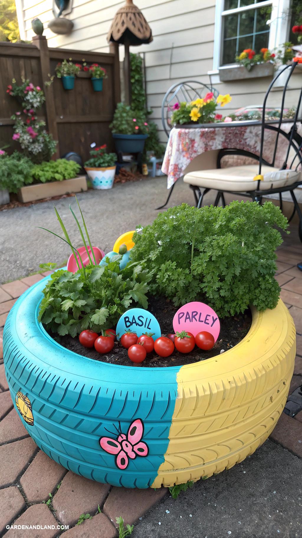 container gardening vegetables Tires painted for a playful veggie garden