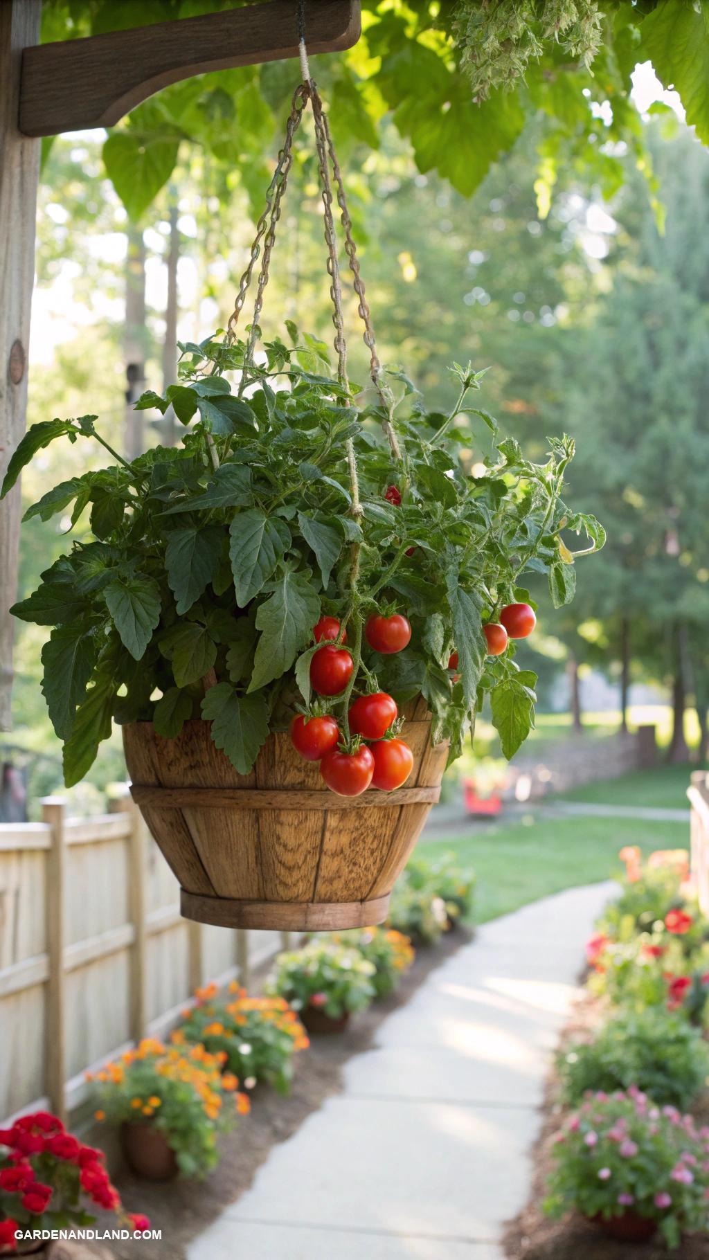 container gardening vegetables Upside down tomatoes in hanging planters