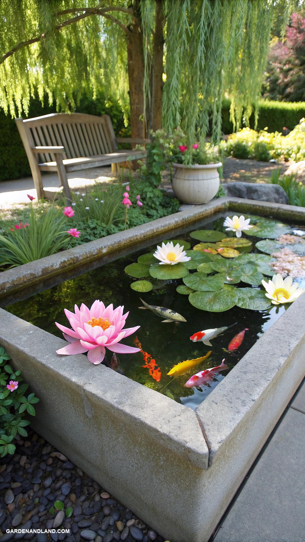 container pond with fish Concrete planter pond with lilies