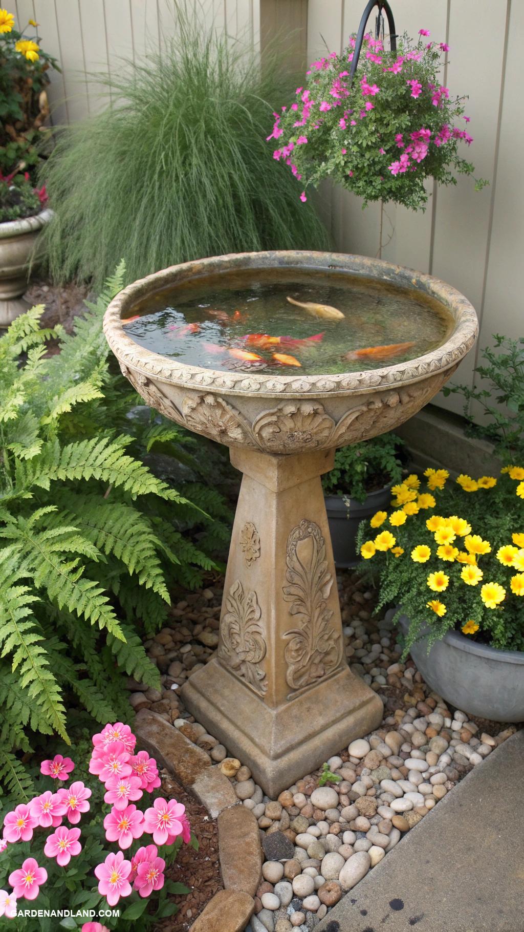 container pond with fish Decorative birdbath fish habitat