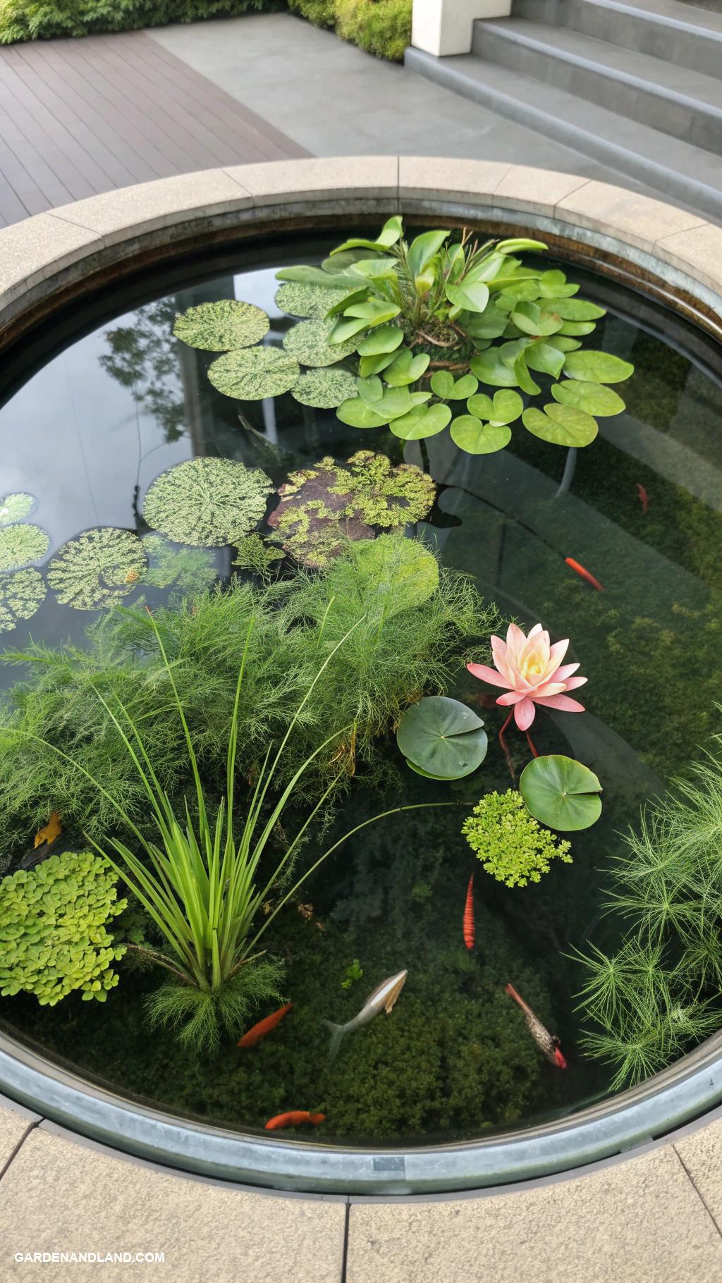 container pond with fish Glass container with aquatic plants