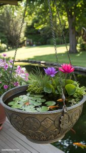 container pond with fish Hanging resin basket water garden