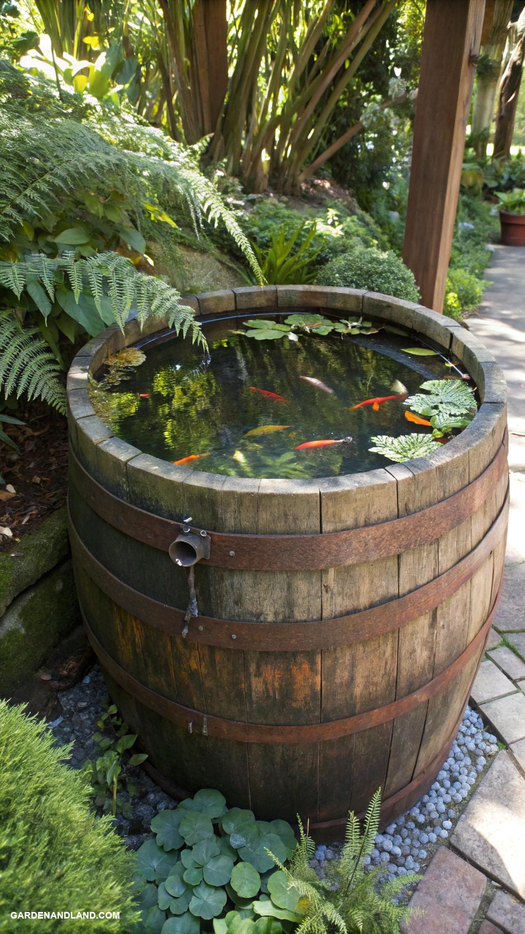 container pond with fish Reclaimed wooden barrel fish sanctuary