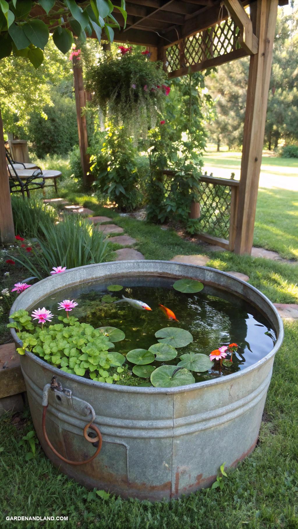 container pond with fish Rustic tin bucket fish pond