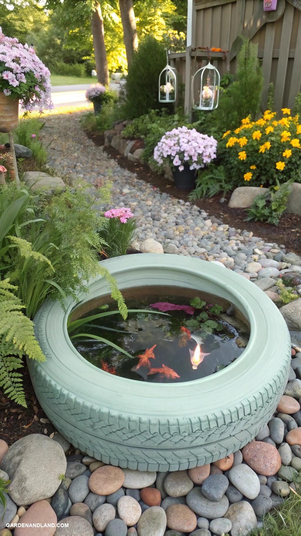 container pond with fish Vintage tire planter pond