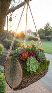diy hanging planter Hanging log slice with succulents