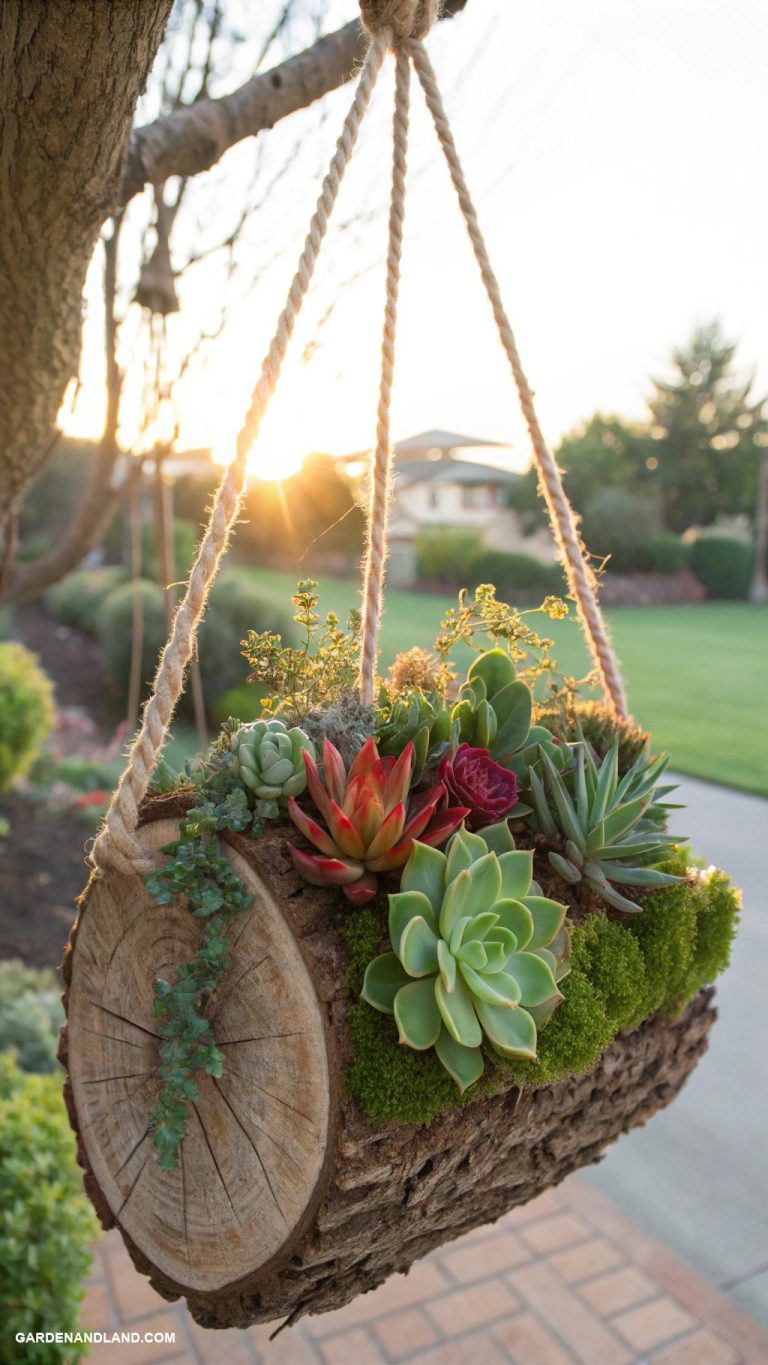 diy hanging planter Hanging log slice with succulents