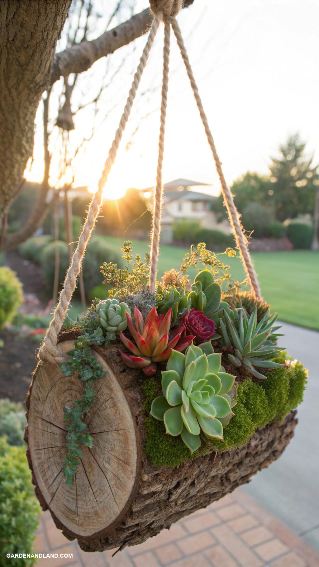 diy hanging planter Hanging log slice with succulents