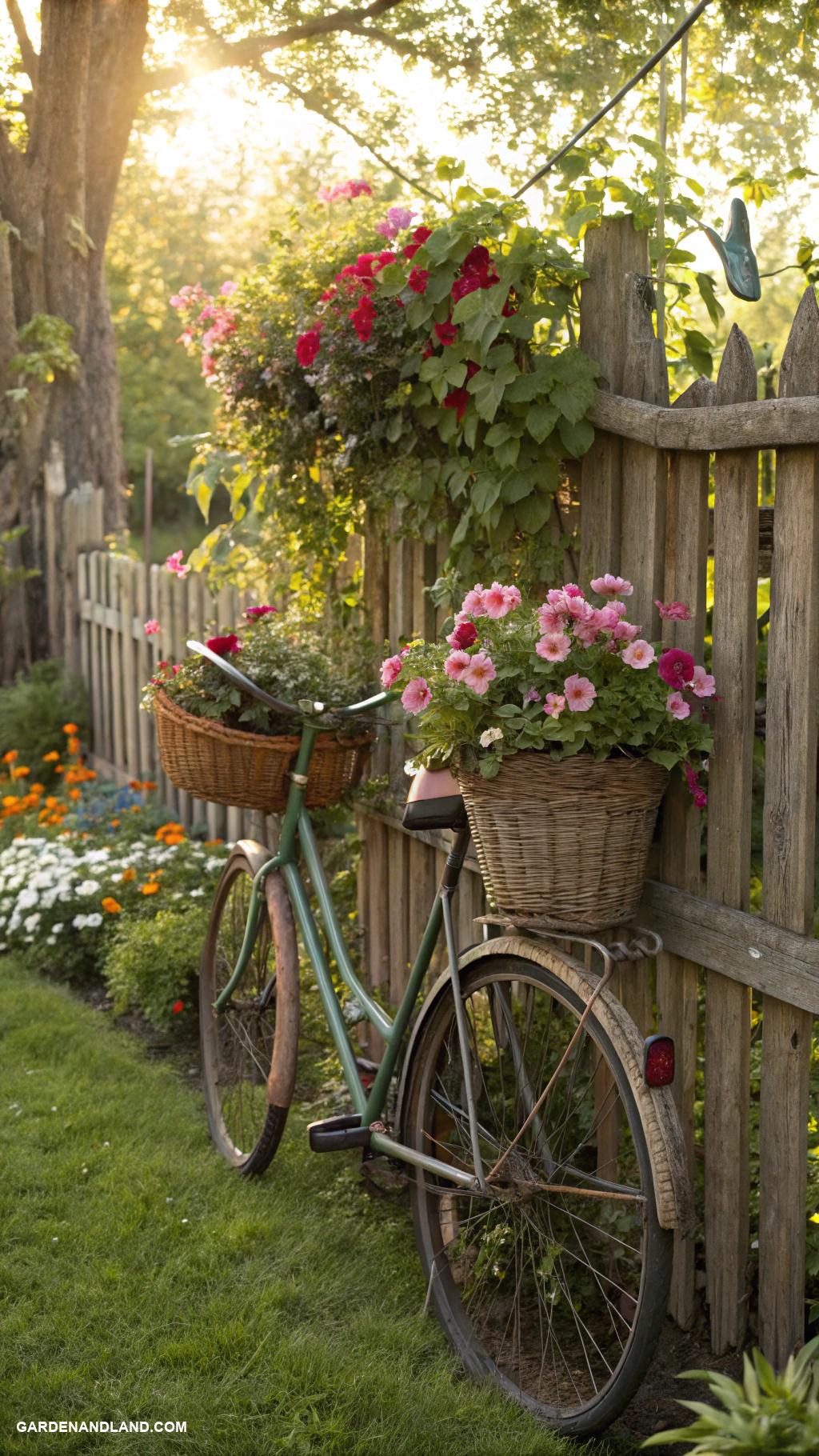 diy hanging planter Old bicycle with flower baskets