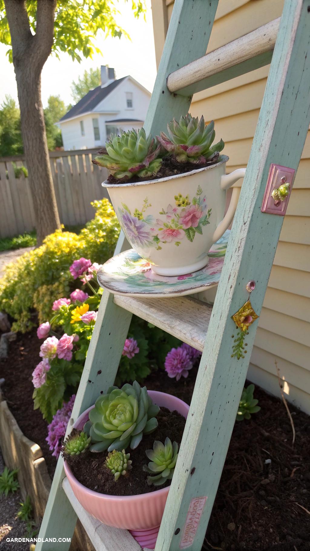 diy hanging planter Teacup planters on a decorative ladder