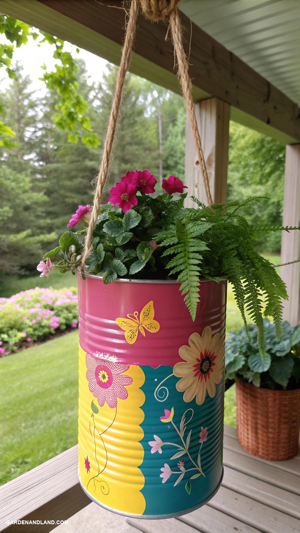 diy hanging planter Tin cans painted in vibrant colors