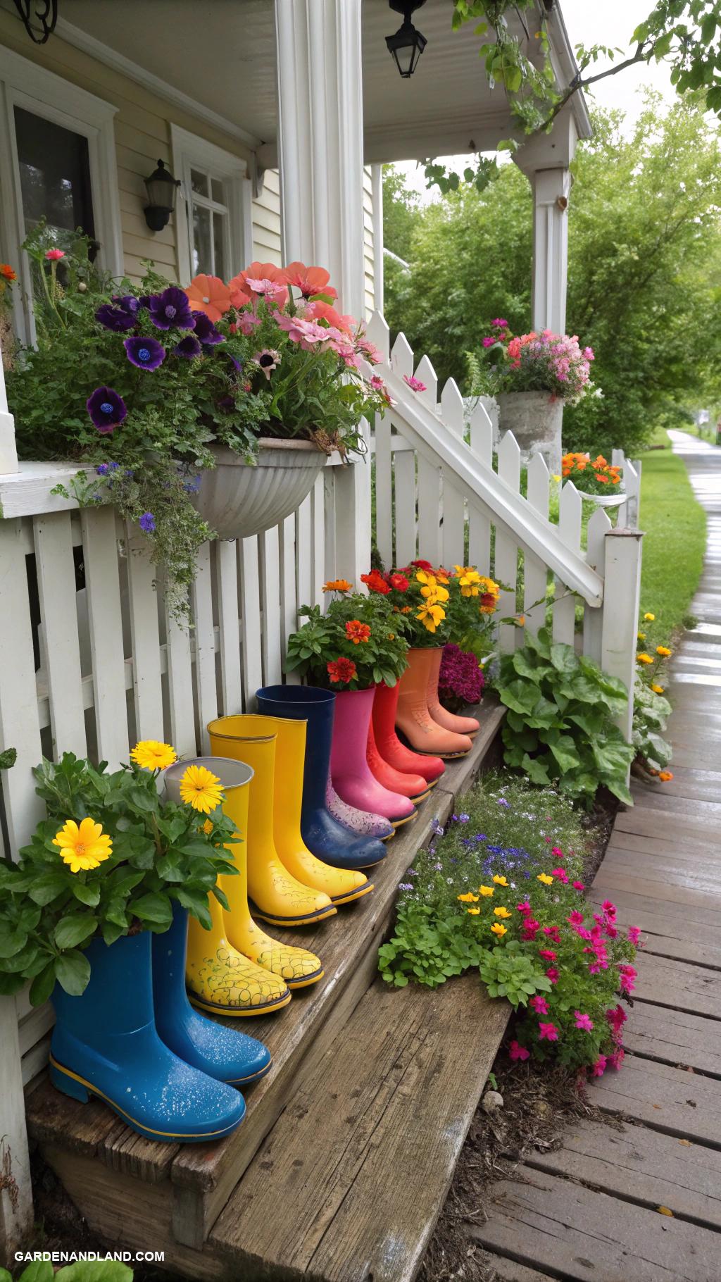 front porch planter ideas Colorful rain boots lined along porch steps
