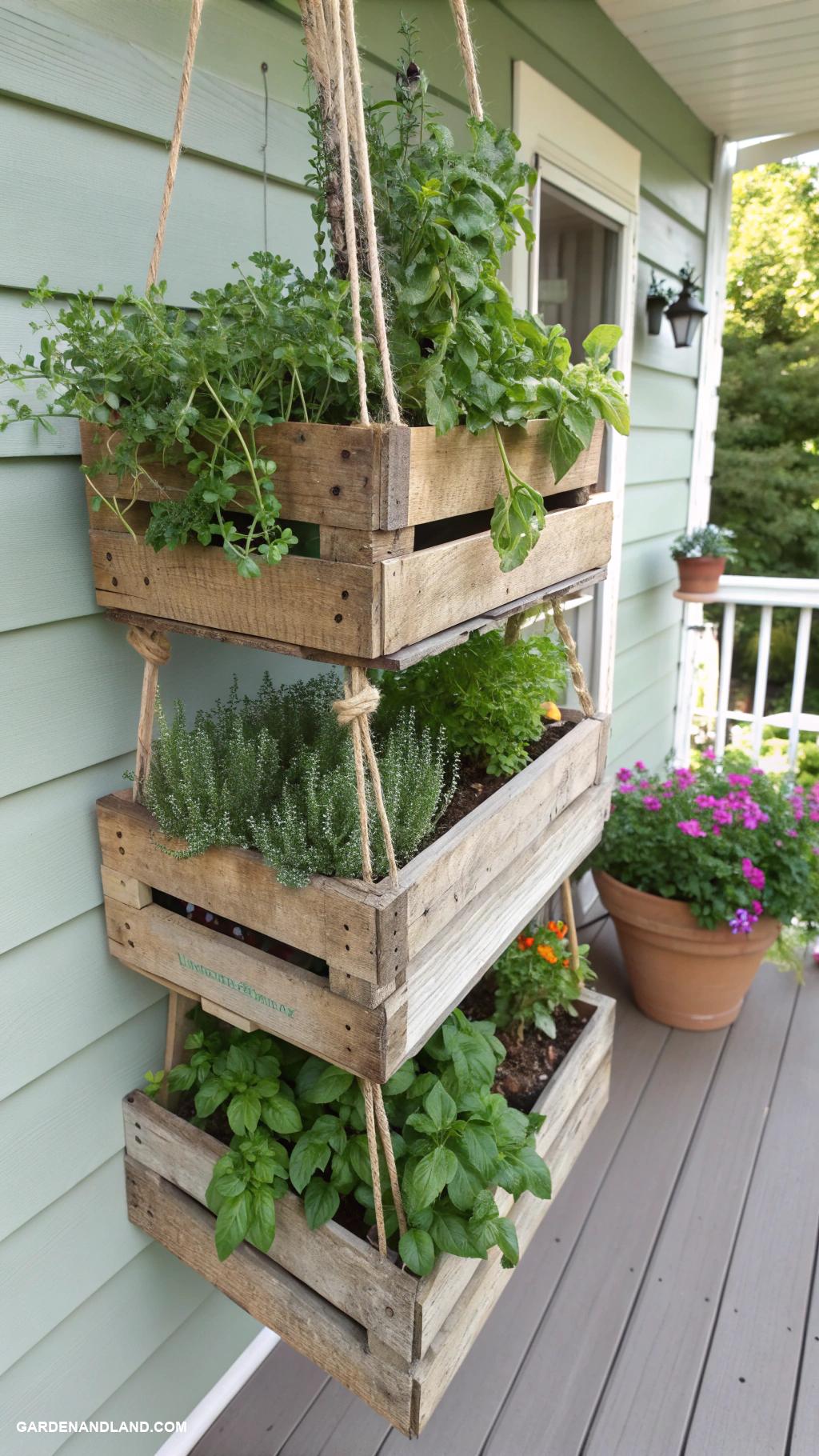 front porch planter ideas Hanging herb garden in repurposed wooden crates