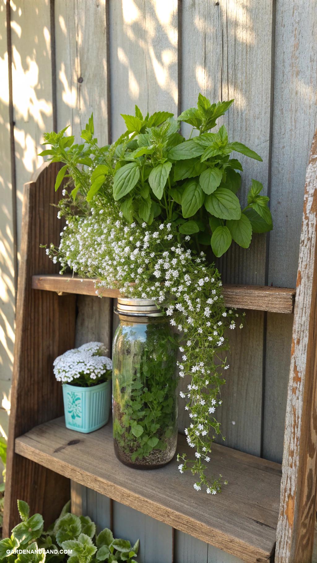 front porch planter ideas Mason jar planters on a wooden shelf