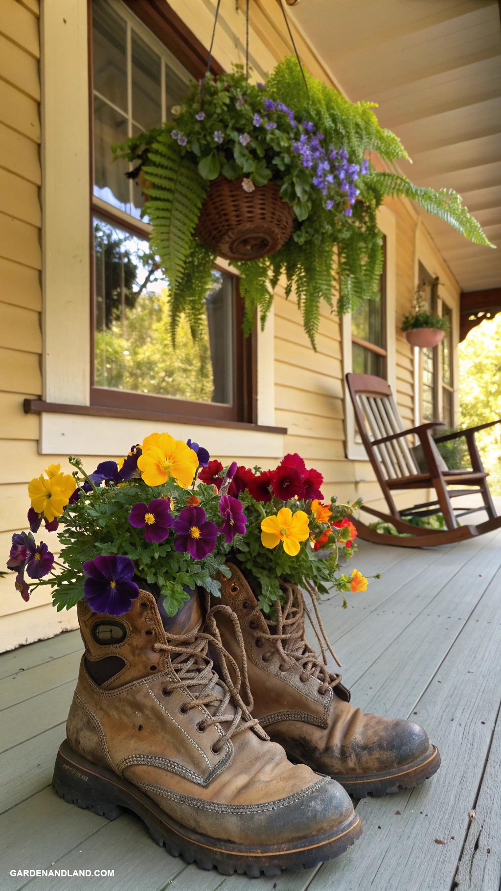 front porch planter ideas Old boots filled with vibrant flowers