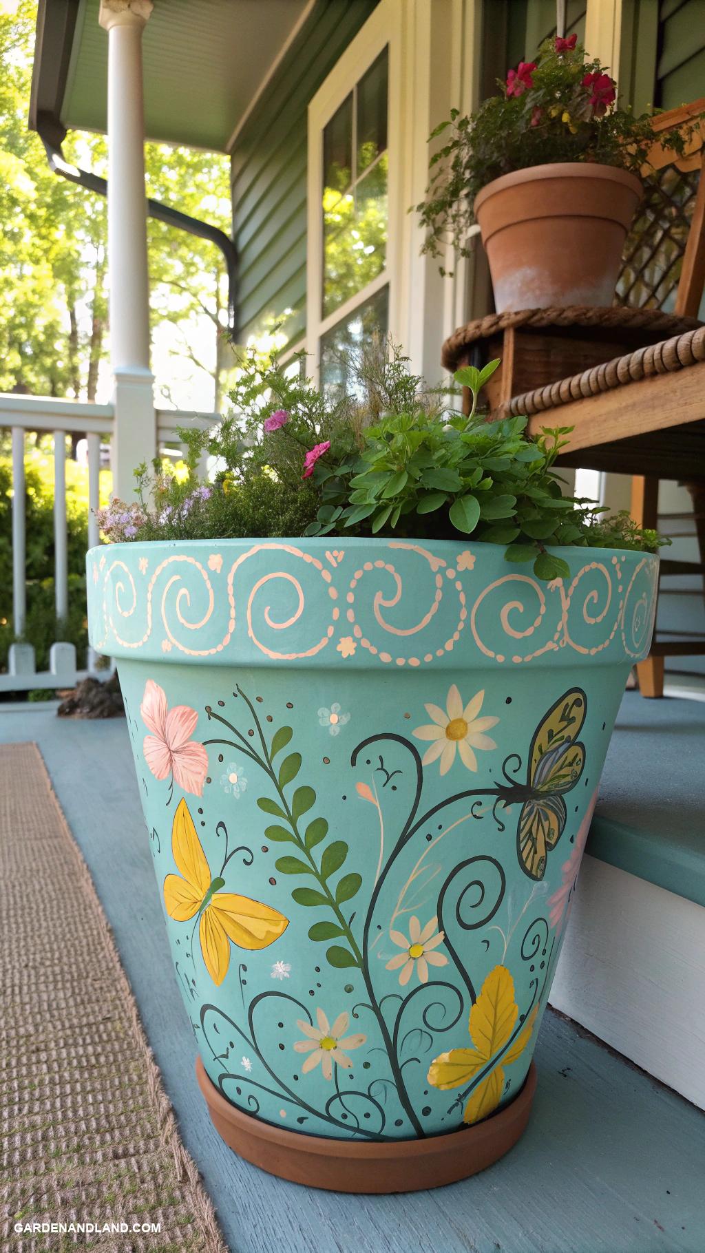 front porch planter ideas Painted terracotta pots with whimsical designs